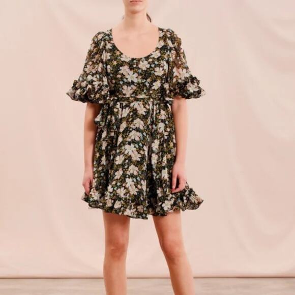 byTIMO Georgette Tie Waist Black Field Floral Ruffle Detail Dress Size Medium - Picture 1 of 6